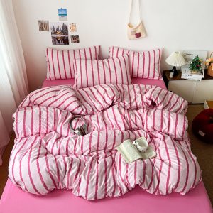 3pcs Multi-Color Polyester Striped Print Duvet Cover Set, Universal Four Seasons Polyester Fiber Duvet Cover 3pcs Set for Home Double Bed, Dormitory Single Bed Duvet Cover and Pillowcases, Quilt Protector and Pillow Shams, Includes 1 Duvet Cover + 2