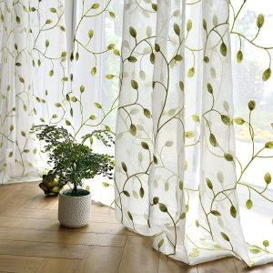 2Panels Ivy Leaf Embroidery Sheer Curtain, Leaf Embroidery Gauze Room Curtain Thin Curtain Curtain Pole Pocketsgreen Leaves White Sheer)