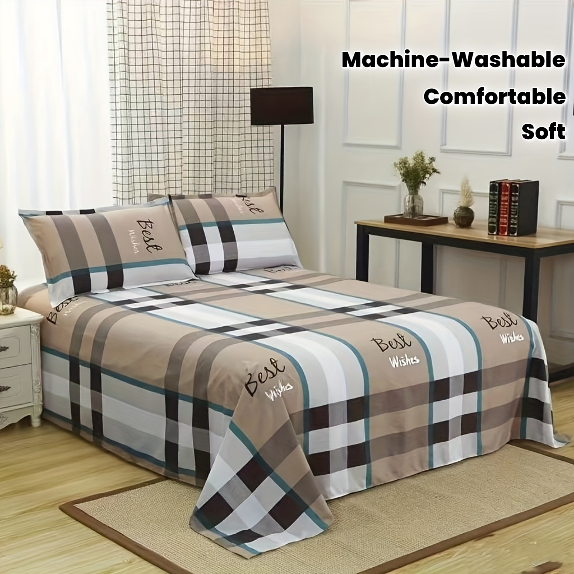 1 Premium Minimalist Bed Sheet with Plaid Pattern, Durable Polyester, Soft and Comfortable for Standard-Sized Beds in Bedrooms or Guest Rooms, Machine Washable
