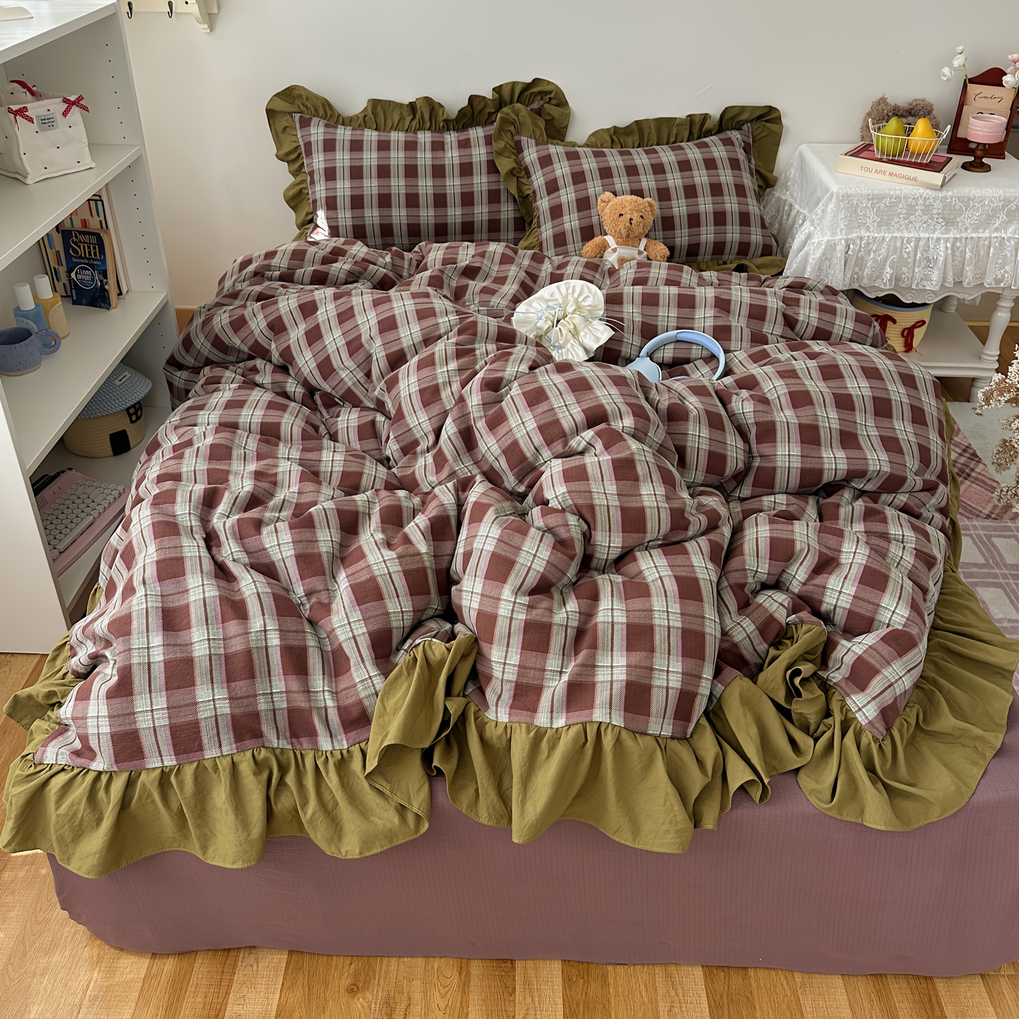 4pcs Korean-style Ins Vintage Large Lace Plaid Set, Including One Duvet Cover, One Flat Sheet, and 2 Pillowcases. Princess-style Large Lace Duvet Cover. Soft and Comfortable, Machine Washable, Suitable for All Seasons - Image 12