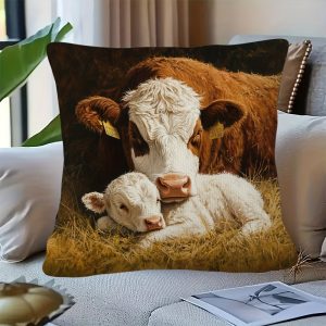 1pc Hereford Cow And Calf Farmhouse Pillowcase - Soft Comfortable Polyester Short Plush Fabric, Single-Sided Print, 17.7 X 17.7 Inches, Machine Washable, Zipper Closure, Fabric Polyester Decorative Pillowcase, for Home, Sofa