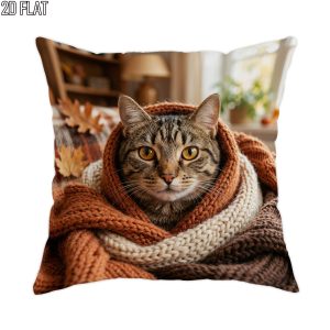 2D Flat 1pc Thanksgiving Cozy Cat Throw Pillow Covers Orange Brown Decorative Pillowcases One-Sided Printing for Living Room Bedroom Sofa Bed Decor Without Pillow Inserts