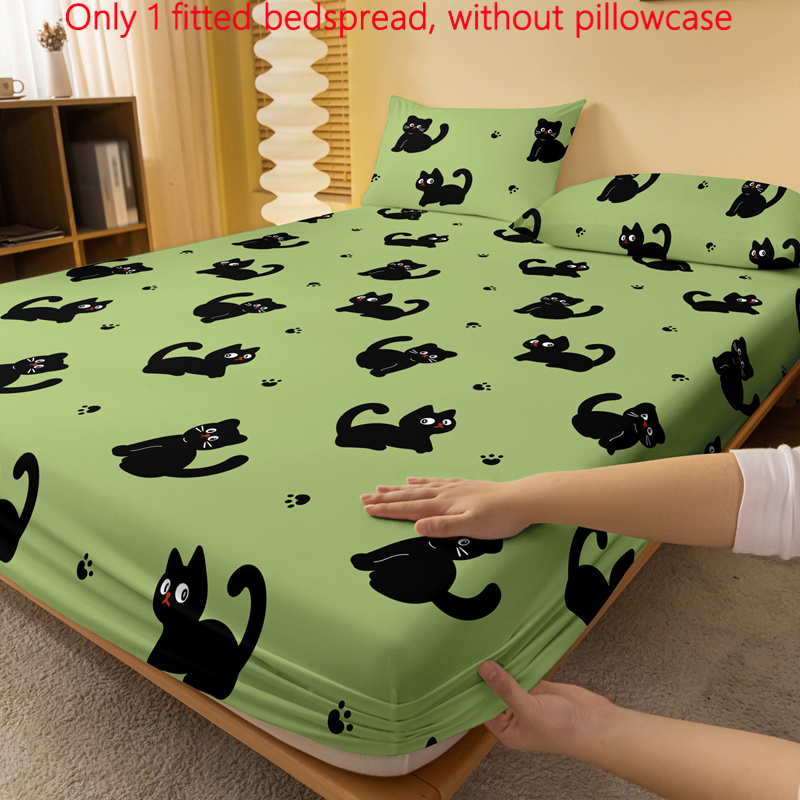 Cute Cartoon Black Cat Print Fitted Sheet – Soft Brushed Polyester, Deep Pocket Design for Bedroom & Guest Room Decor, Machine Washable, Christmas present
