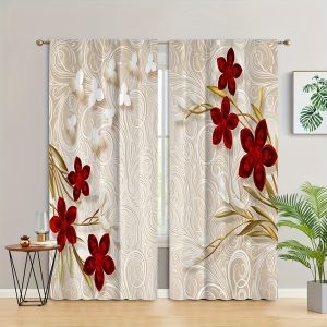 2pcs, Vibrant Floral Sheer Curtains - Easy Install Rod Pocket Design, Perfect for Living Room, Bedroom, And Office Decor, Polyester Material, Rod Suitable