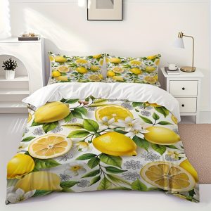 3pcs Duvet Cover Set Fresh Lemon Botanical Floral Fruit Pattern Fresh And Elegant Style Includes 1 Duvet Cover And 2 Pillowcases (Pillow Inserts Not Included) Zipper Closure, Polyester Material, Machine Washable, Soft Fabric, Breathable