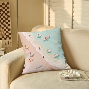 1pc Double-Sided Coastal Style 18X18 Inch Pillowcase - Soft Polyester Fiber Material, Surfing Pattern Zipper Closure, Beach Theme Sofa Living Room Decor, Modern Style Mixed Design