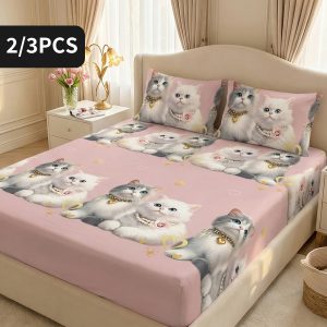 Cartoon Cool Technology Digital Printing Material Fitted Sheet Sets, Featuring Playful, Includes 1 Fitted Sheet And1u002F2 Pillowcase, Deep Pockets, Zipper Closure, Suitable For Twinu002Fdoubleu002Fqueenu002Fking-size Beds, Machine Washable(Random Color Included)