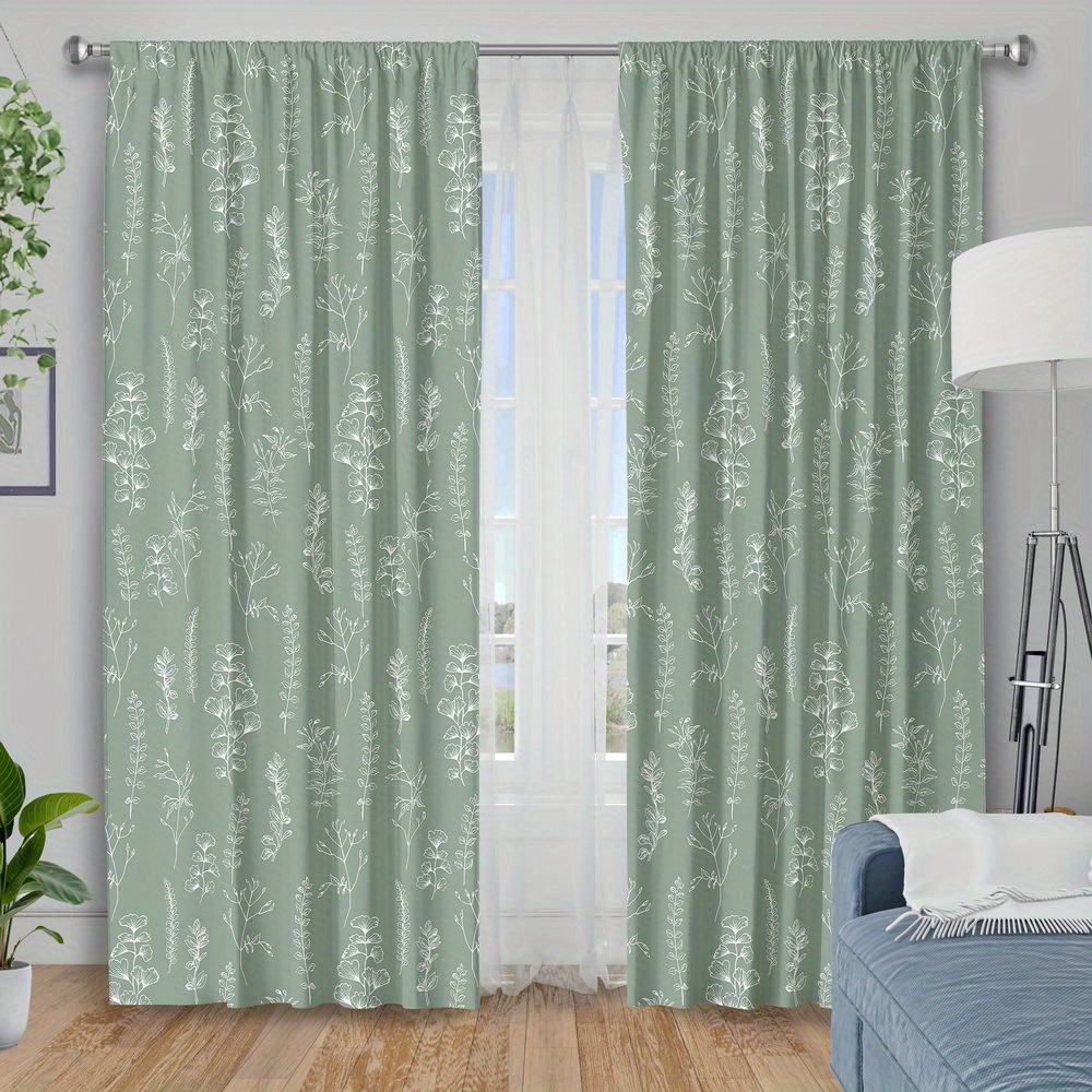 2pcs Curtain Fabrics, Insulation Blackout Curtains for Bedroom, Green Plants Print, Natural Pastoral Window Products, Polyester Machine Washable, Kitchen Bedroom Living Room Decor, Birthday Gift, Cortinas Para Cuarto (Rod Not Included) - Image 4
