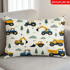 1pc Pillowcase(Pillow Inserts Not Included) 2D Flat Print Construction Vehicles Theme Blue Yellow Cartoon Truck Excavator Tractor Pattern Ideal for Home Decoration Stylish Pillow Covers for Beds And Sofas Bedroom Design Soft Material for Home Decor