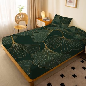 1pc Fitted Sheet with Golden Lines Outlining a Dark Green Ginkgo Leaf Pattern, Single Deep Pocket Fitted Sheet Only, No Pillowcases, Washed Soft Fabric, Skin-Friendly and Comfortable, 360° All-Around Anti-Slip Mattress Protector