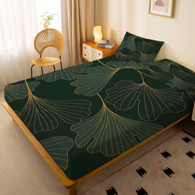 1pc Fitted Sheet with Golden Lines Outlining a Dark Green Ginkgo Leaf Pattern, Single Deep Pocket Fitted Sheet Only, No Pillowcases, Washed Soft Fabric, Skin-Friendly and Comfortable, 360° All-Around Anti-Slip Mattress Protector
