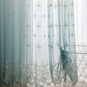 2pcs European Modern Dreamy Floral Wavy Edge Embroidered Sheer Curtains, Gradient Sky Blue And Textured Gray, Delicate Embroidery Texture Semi-Transparent Filter Window Scrim, Universally Applicable for Bedroom, Dining Room, Bathroom, Balcony