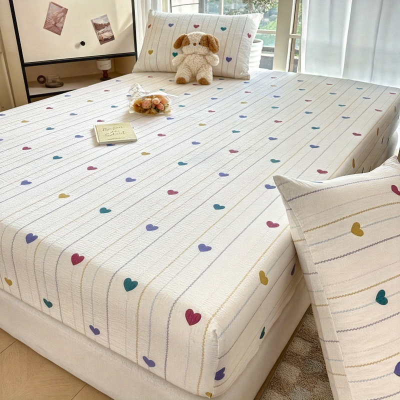 3pcs Fitted Sheet Set, Colorful Stripes + Heart Pattern, Includes 1 Fitted Sheet + 2 Pillowcases, Cute Style, Washed Finish, Soft and Machine Washable, Suitable for All Seasons, Machine Washable, Pillow Inserts Not Included