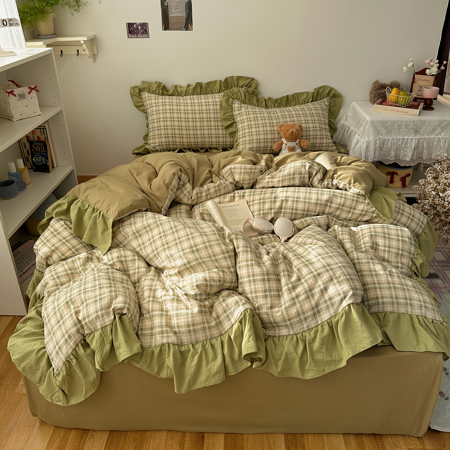 4pcs Korean-style Ins Vintage Large Lace Plaid Set, Including One Duvet Cover, One Flat Sheet, and 2 Pillowcases. Princess-style Large Lace Duvet Cover. Soft and Comfortable, Machine Washable, Suitable for All Seasons - Image 10