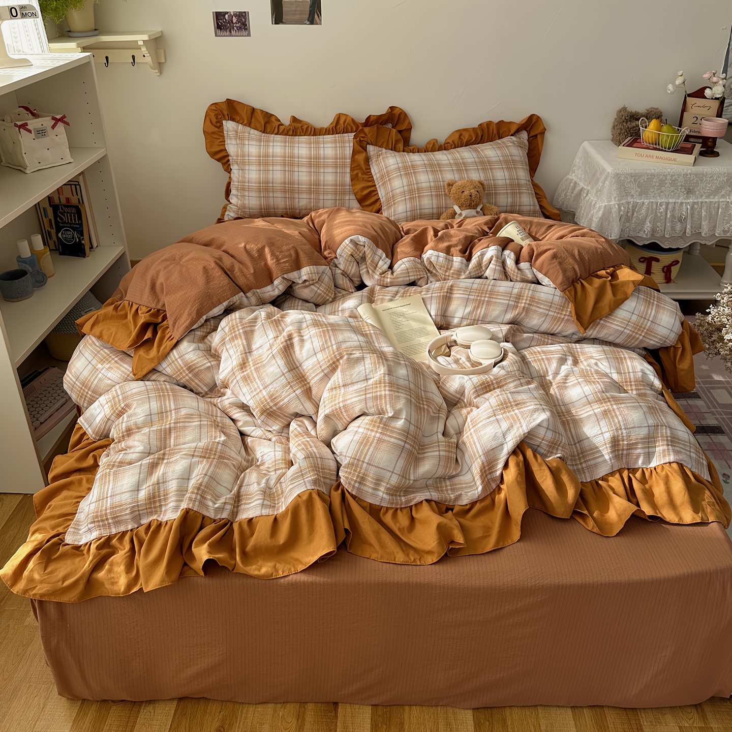 4pcs Korean-style Ins Vintage Large Lace Plaid Set, Including One Duvet Cover, One Flat Sheet, and 2 Pillowcases. Princess-style Large Lace Duvet Cover. Soft and Comfortable, Machine Washable, Suitable for All Seasons - Image 5