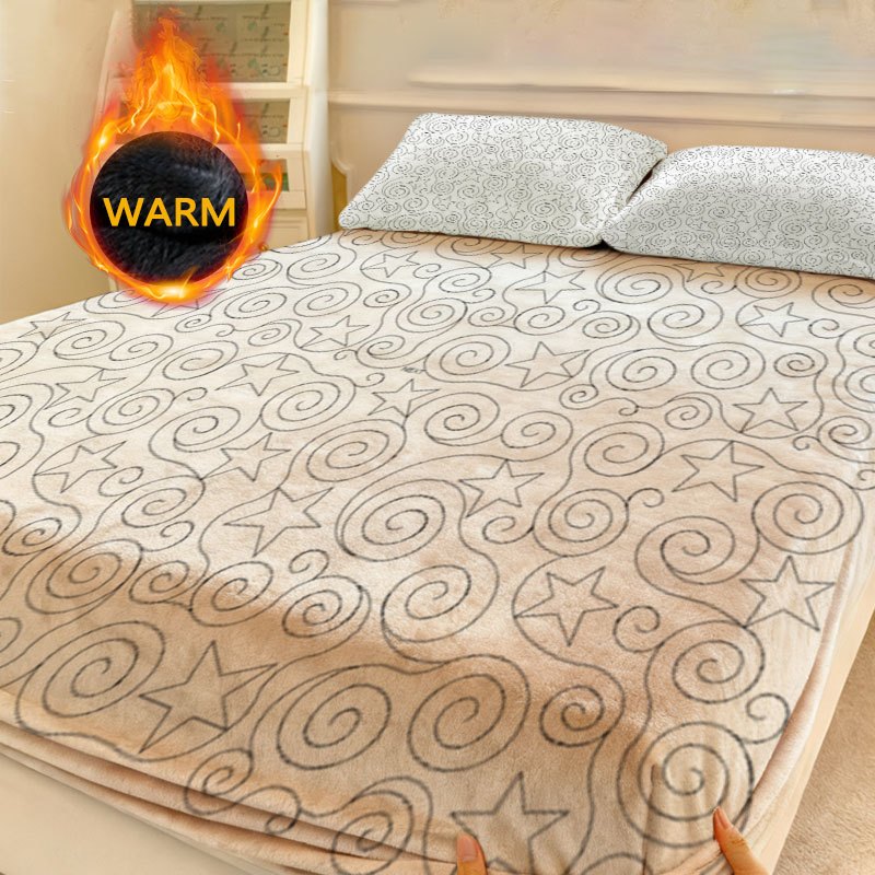 A Milk Velvet Fitted Sheet Featuring a Pattern of Stars And Spirals, with Independent Deep Pockets for Full Mattress Coverage And Anti-Slip Protection, Suitable for Twin, Single, QUEEN
