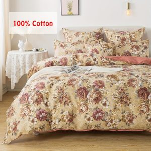 3pcs 100% Cotton Bedspread - Vintage Tan Peony Floral Shabby Chic Bedding Suitable for Dorm Room, - Comforter Cover with Hidden Zipper (Quilt & 2 Pillowcases)